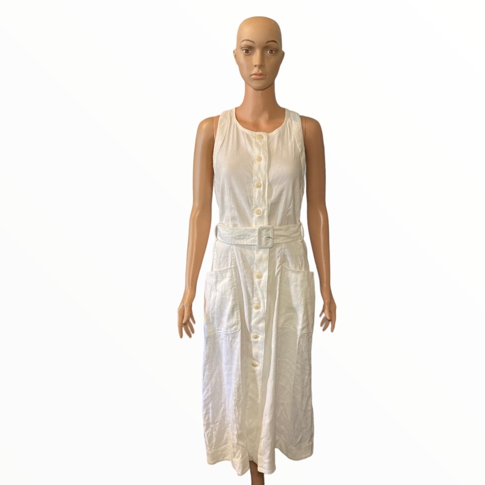 TED BAKER White Sleeveless Linen Blend Button Closure Pockets Belted Midi Dress
